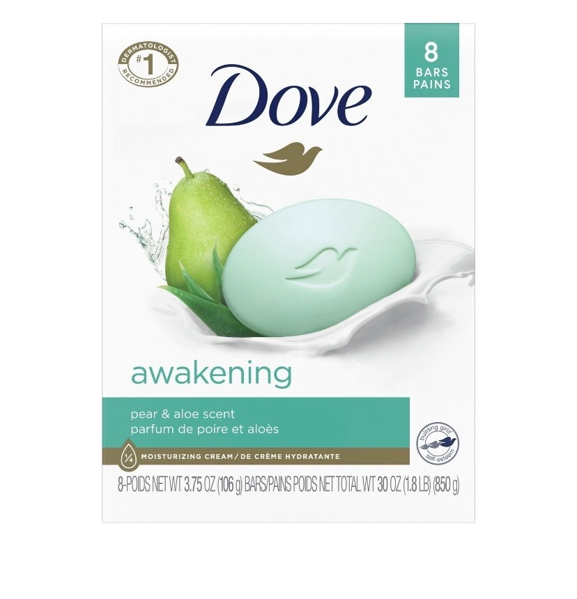 Dove Awakening Gentle Beauty Bar Soap All Skin Type, Pear and Aloe, 3.75 oz 8 Ct