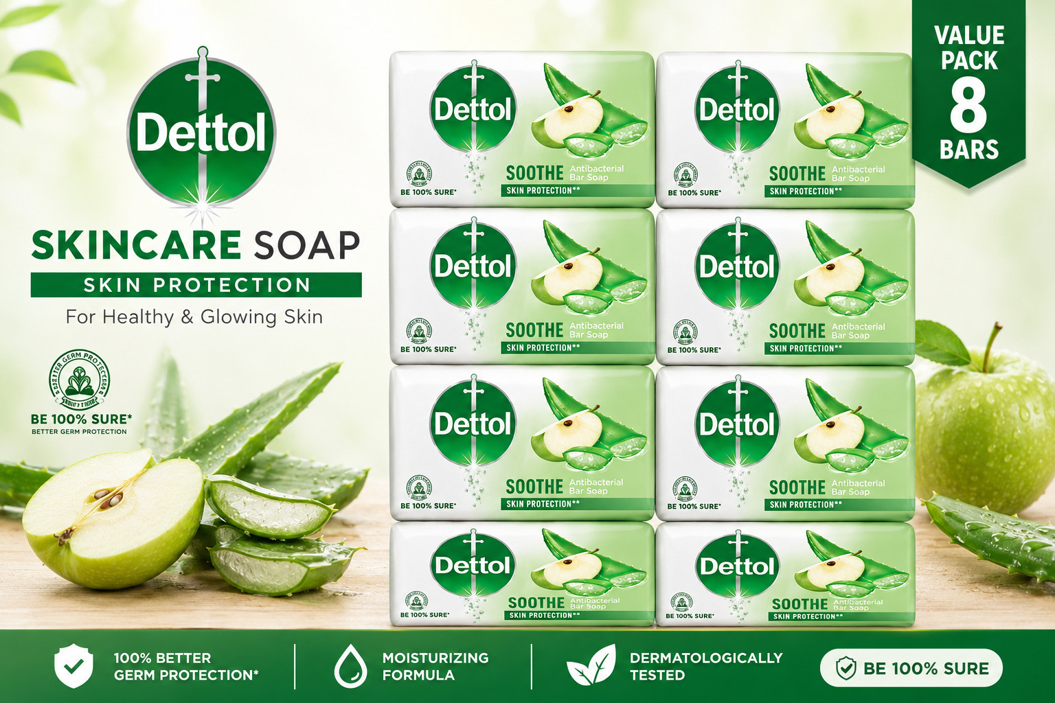 Pack of 8 Dettol Soothe Antibacterial Soap Bar 110g Aloe Vera Bath Soap