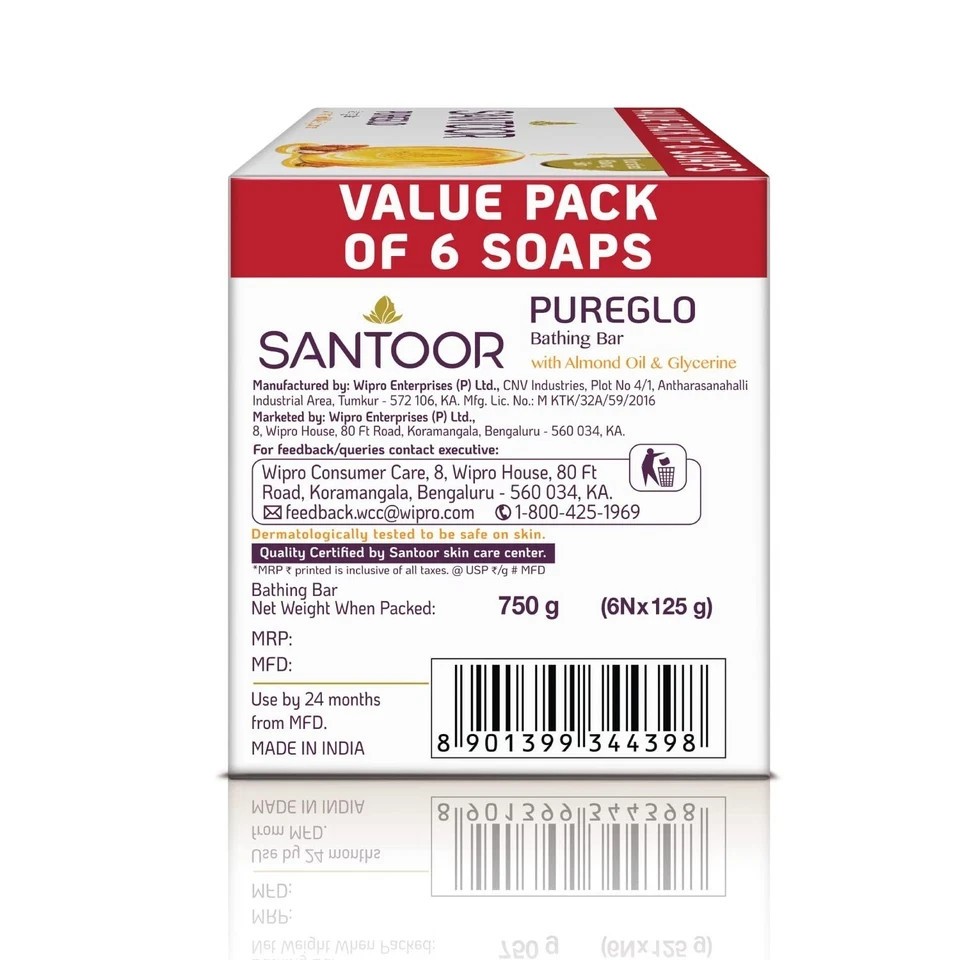 Santoor PureGlo Glycerine Soap 125g x6 | Almond Oil Moisturizing Bar