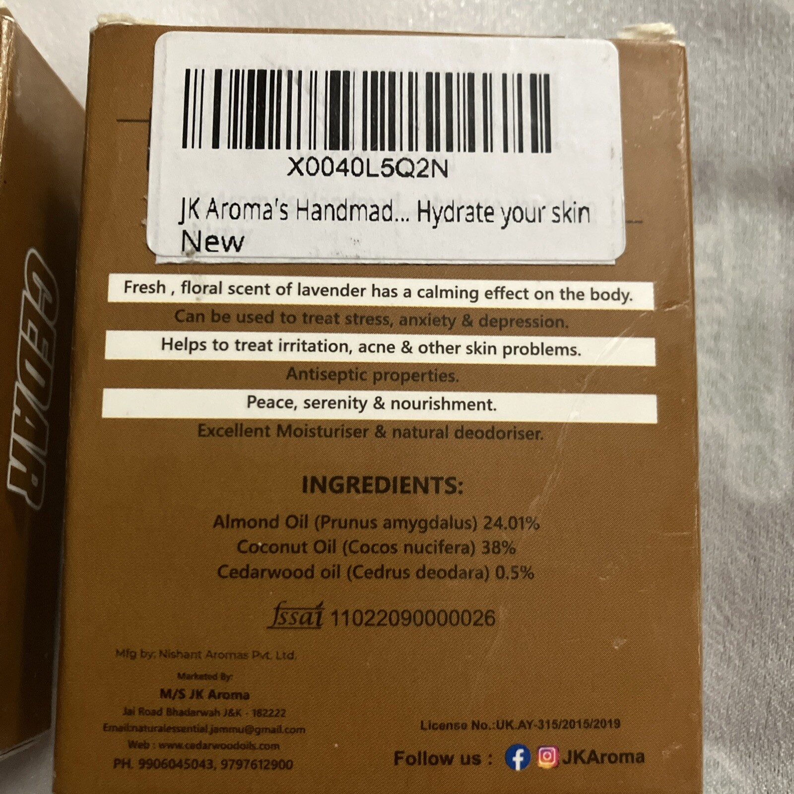 JK Aroma Soap Handmade Soap Cedar Scented RARE! 95 Gmail/3.35 oz. Bars X2