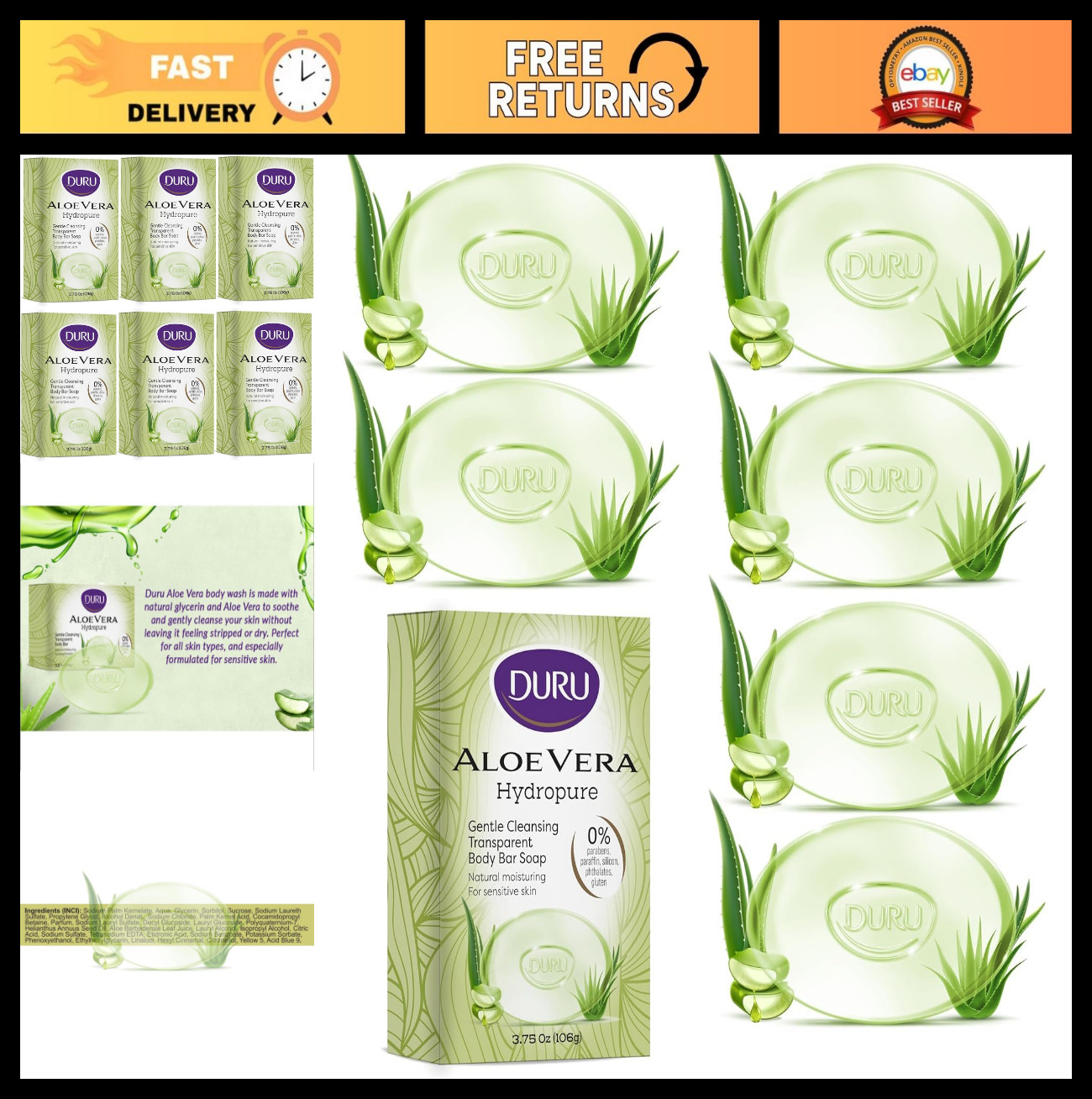 Aloe Vera Glycerin Soap Bars – Moisturizing, Vegan, Sensitive Skin – Pack of 6