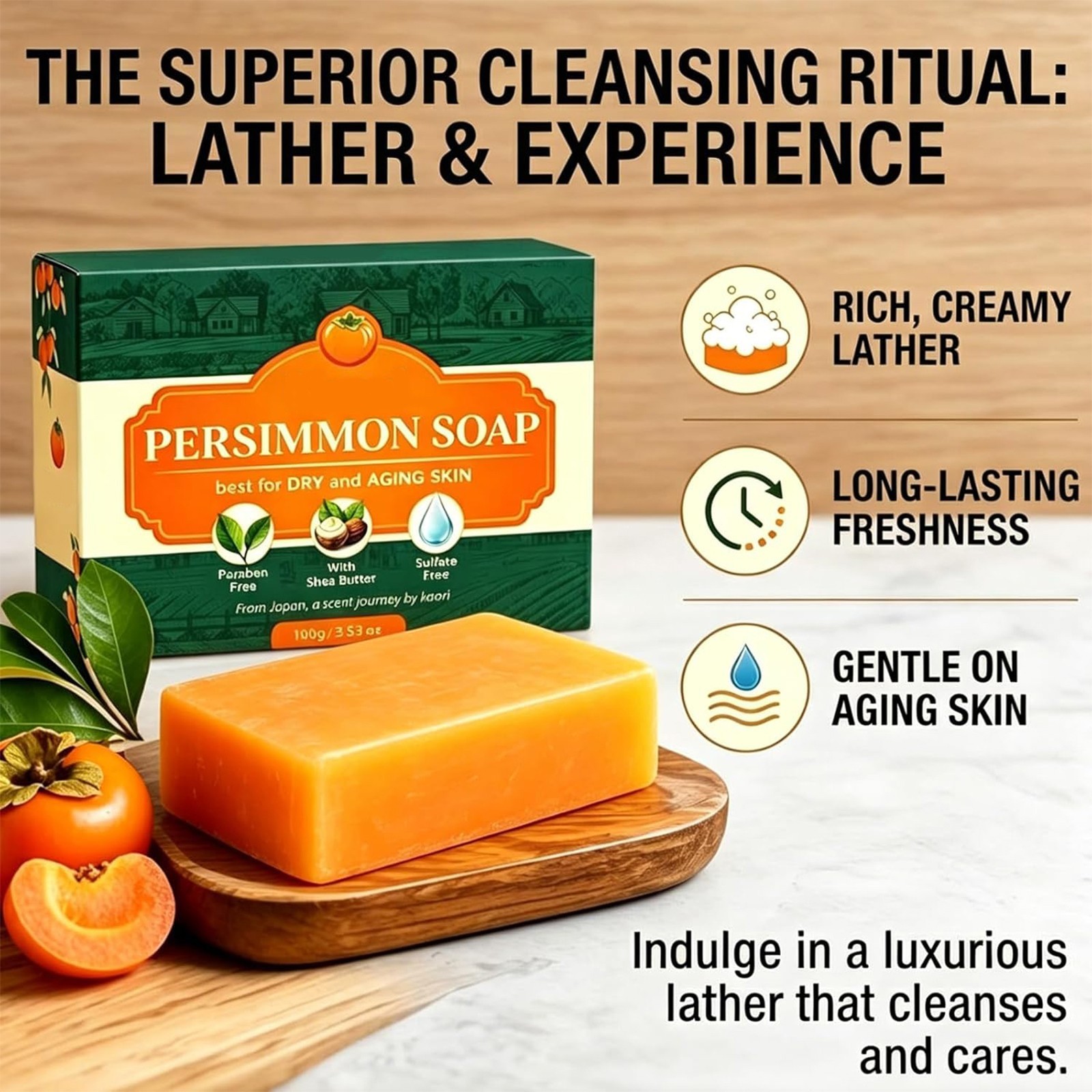 Kaori Persimmon Soap Green Tea Extract For Dry Aging Skin Unisex 1pc