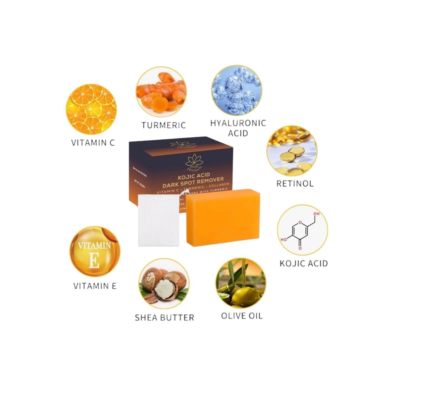 Kojic Acid Dark Spot Remover Soap Bars Vitamin C, Turmeric, Collagen 100g bar