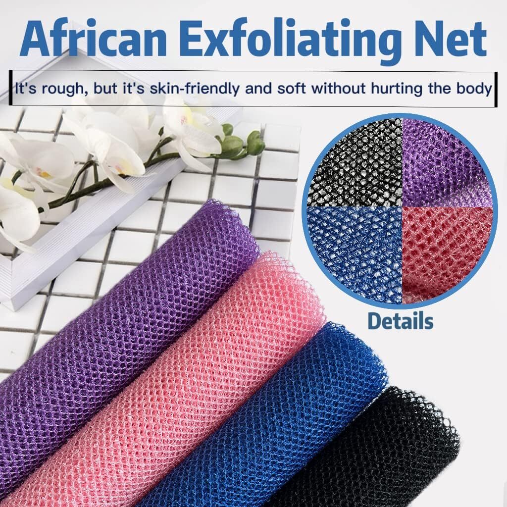 African Exfoliating Net, 4 Pieces Net Sponge, Black,blue,pink,purple