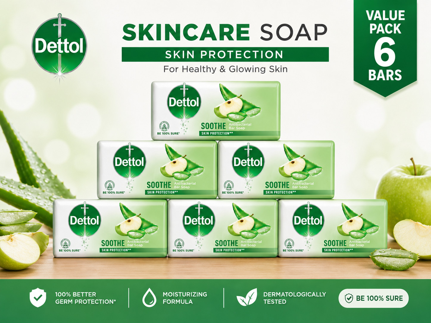 Pack of 6 Dettol Soothe Antibacterial Soap Bar 110g Aloe Vera Bath Soap