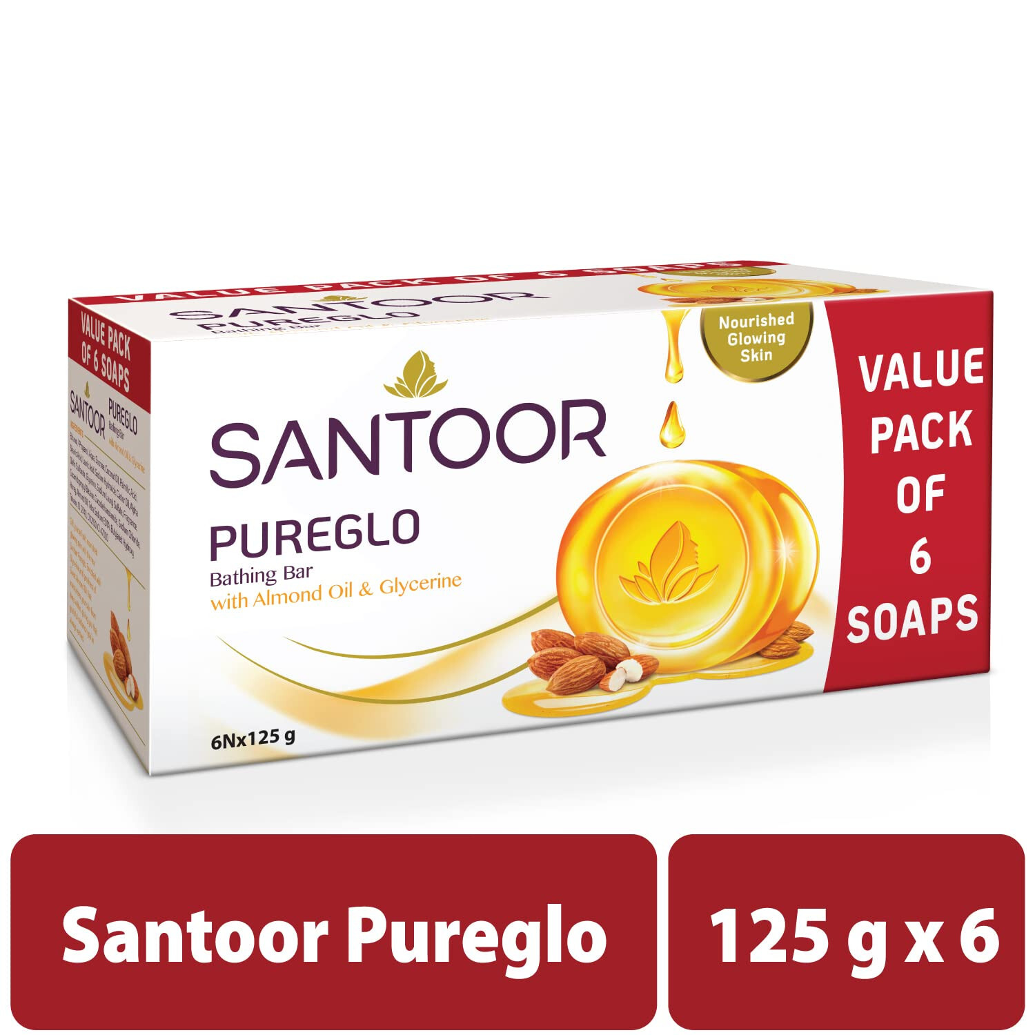 6X Santoor PureGlo Glycerine Bathing Bar Soap with Almond Oil -125g -Free Ship