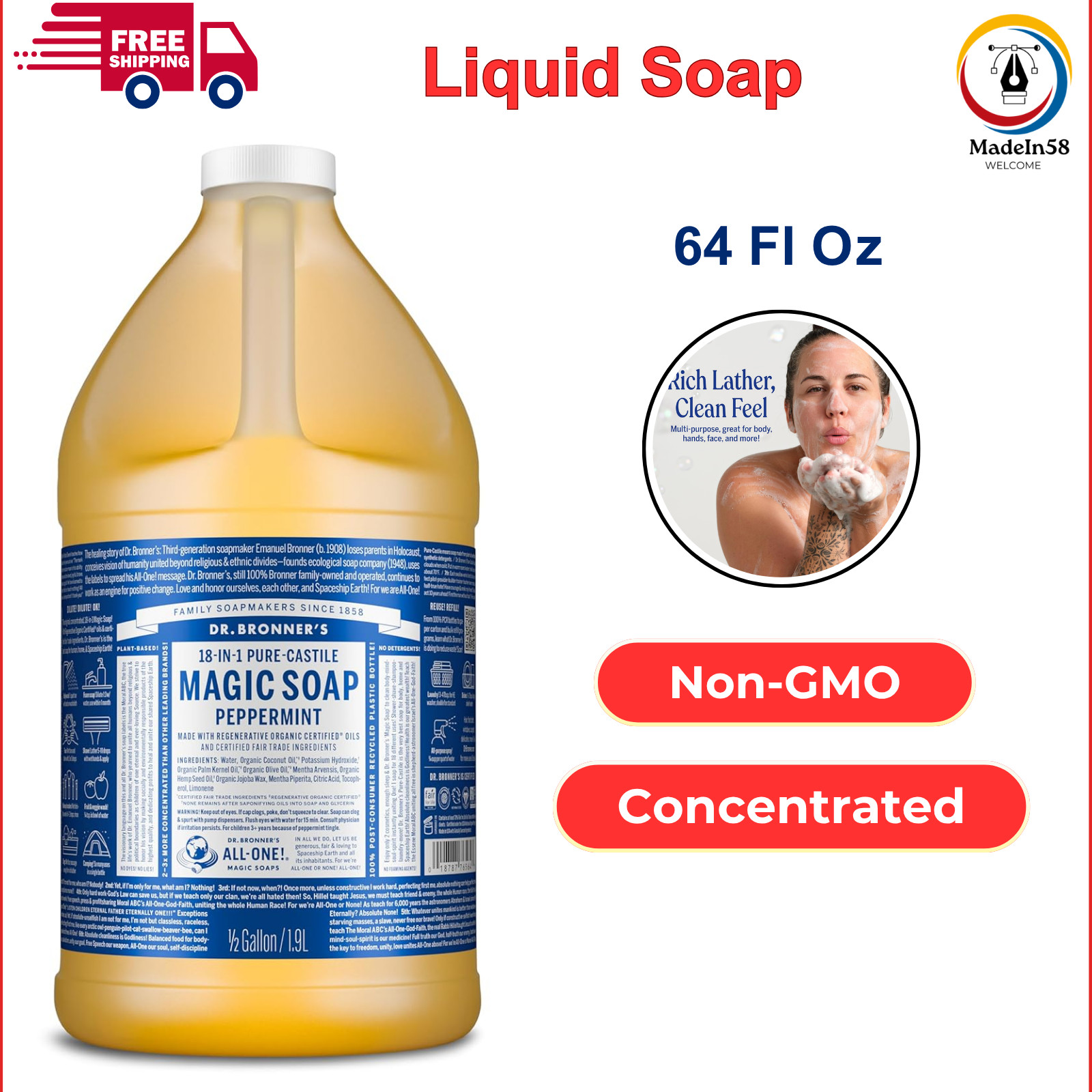 Dr. Bronner’s – Pure-Castile Liquid Magic Soap (Peppermint, 64 Oz) Vegan Non-GMO
