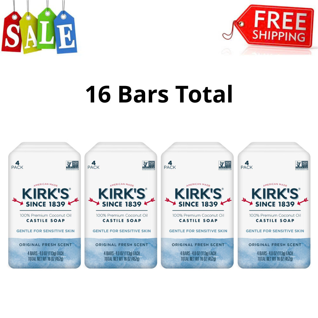 Kirk’s Castile Soap, Premium Coconut Oil, Original Fresh Scent, 4oz Bars, 16Pack