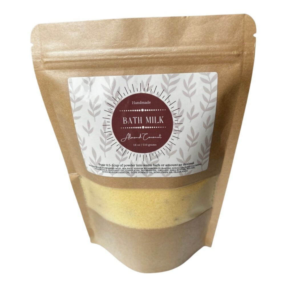 Almond Coconut Bath Milk, Handmade Moisturizing Powder 18oz | Heat Sealed Gift
