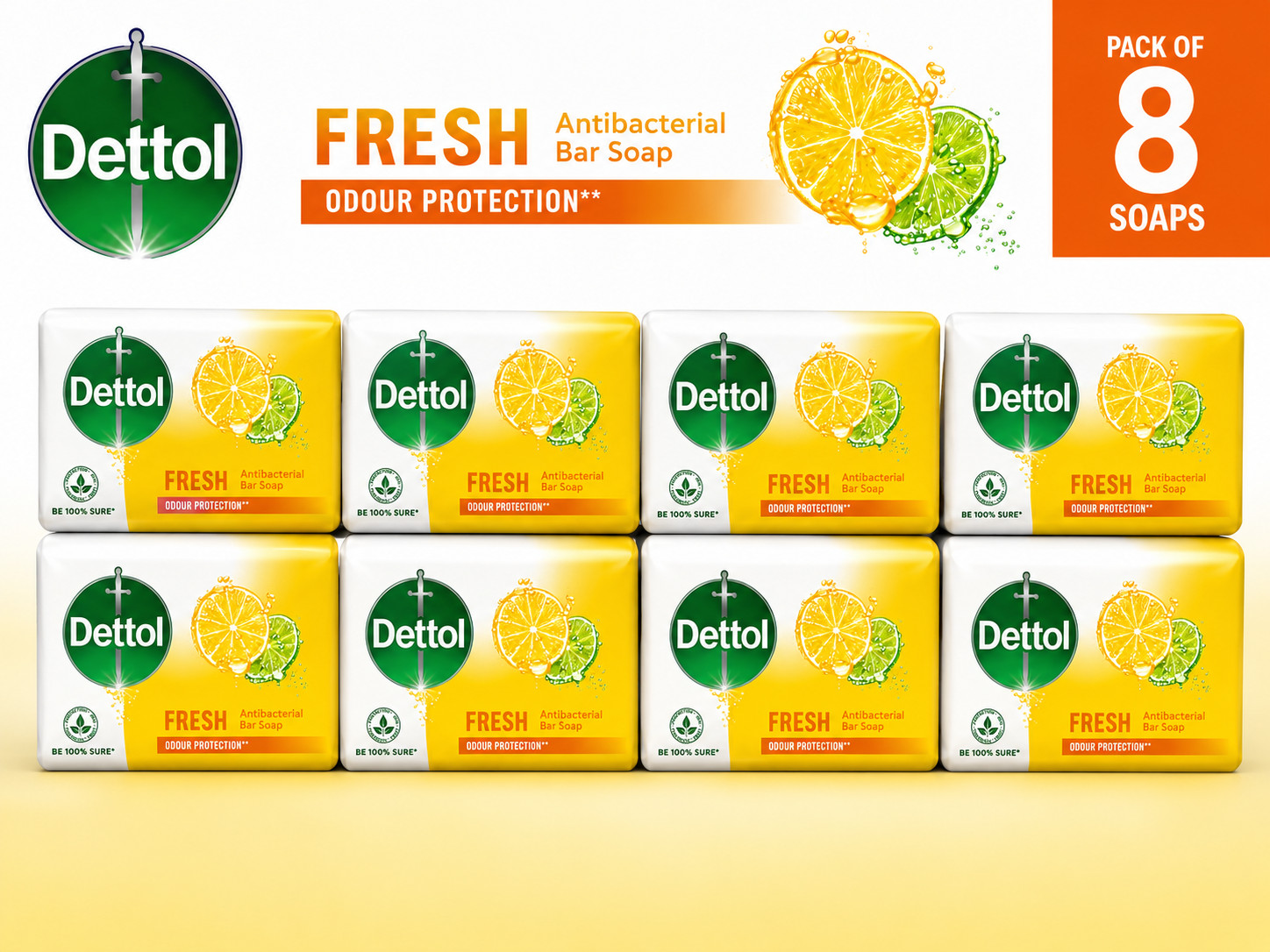Pack of 8 Dettol Fresh Antibacterial Soap Bar 110g Germ Protection Bath Soap