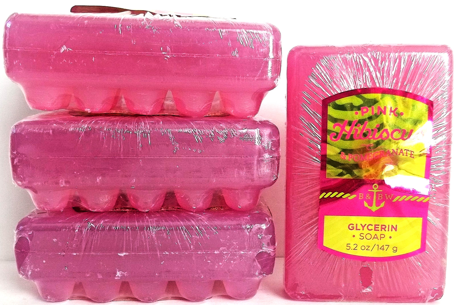 Bath Body Works PINK HIBISCUS & POMEGRANATE Glycerin Bar Soap, 5.2 oz, NEW x 4