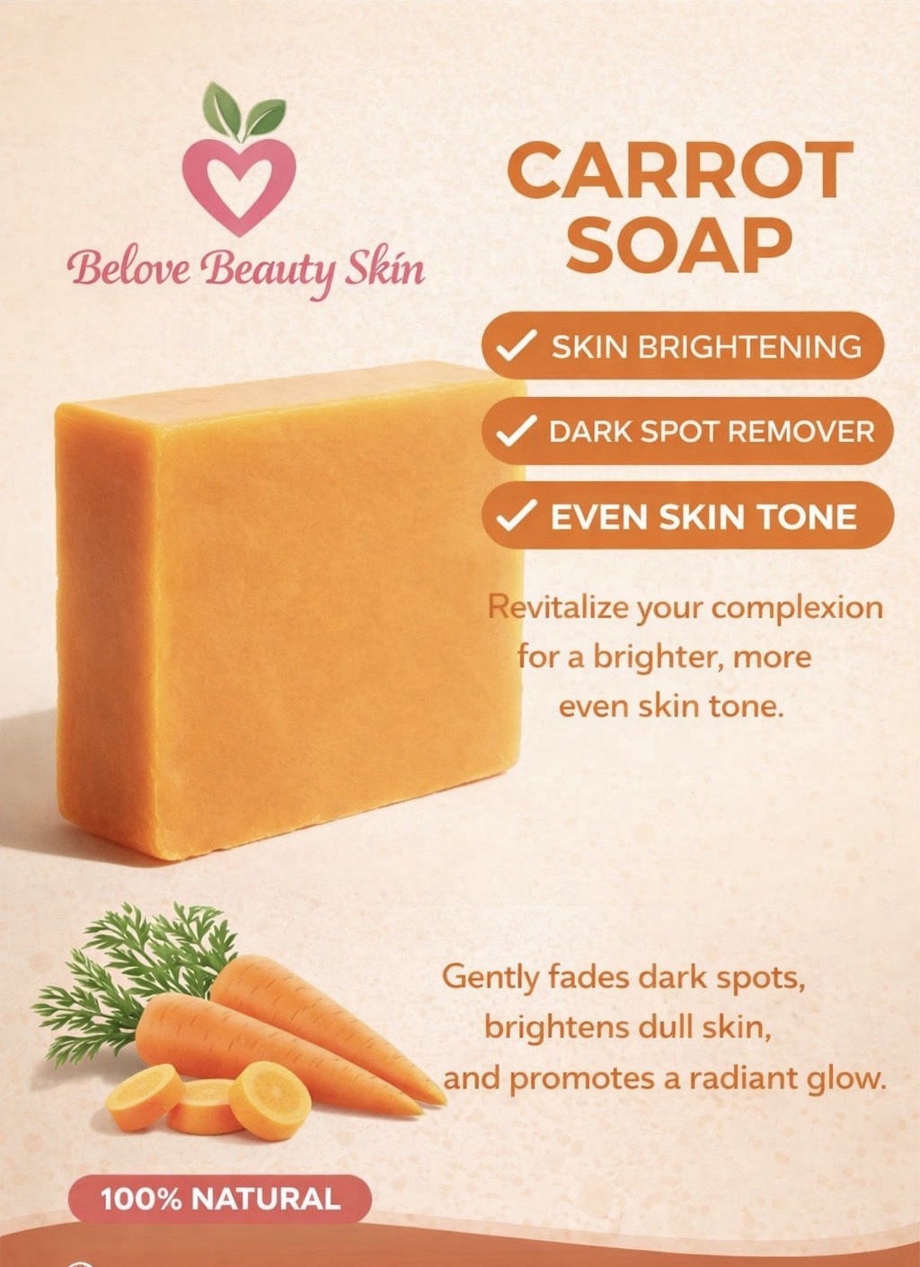 Carrot Glow Exfoliating Purifying Soap With Carrot Oil & Vit. A,K,E 7oz/200gm