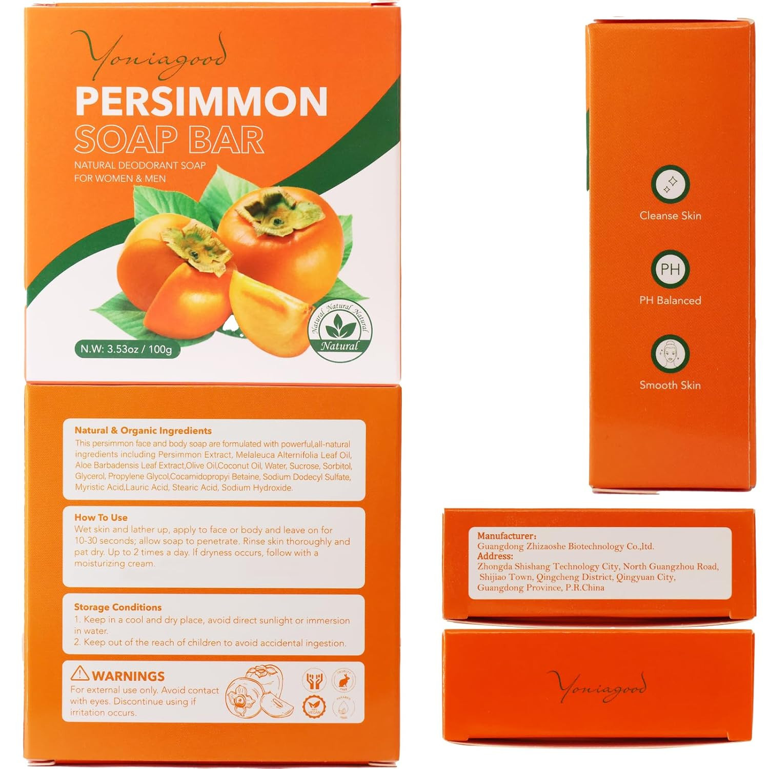 Yoniagood 3 PCS Persimmon Soap Bar for Body Odor Control,Natural Refreshing Body