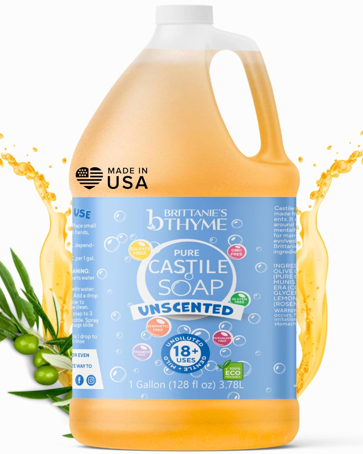 Brittanie’s Pure Organic Castile Liquid Olive Oil Soap Refill, 1 Gallon Unscente