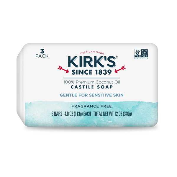 Kirks Gentle Castile Bar Soap with Premium Coconut Oil Fragrance Free 4 oz 3 ct