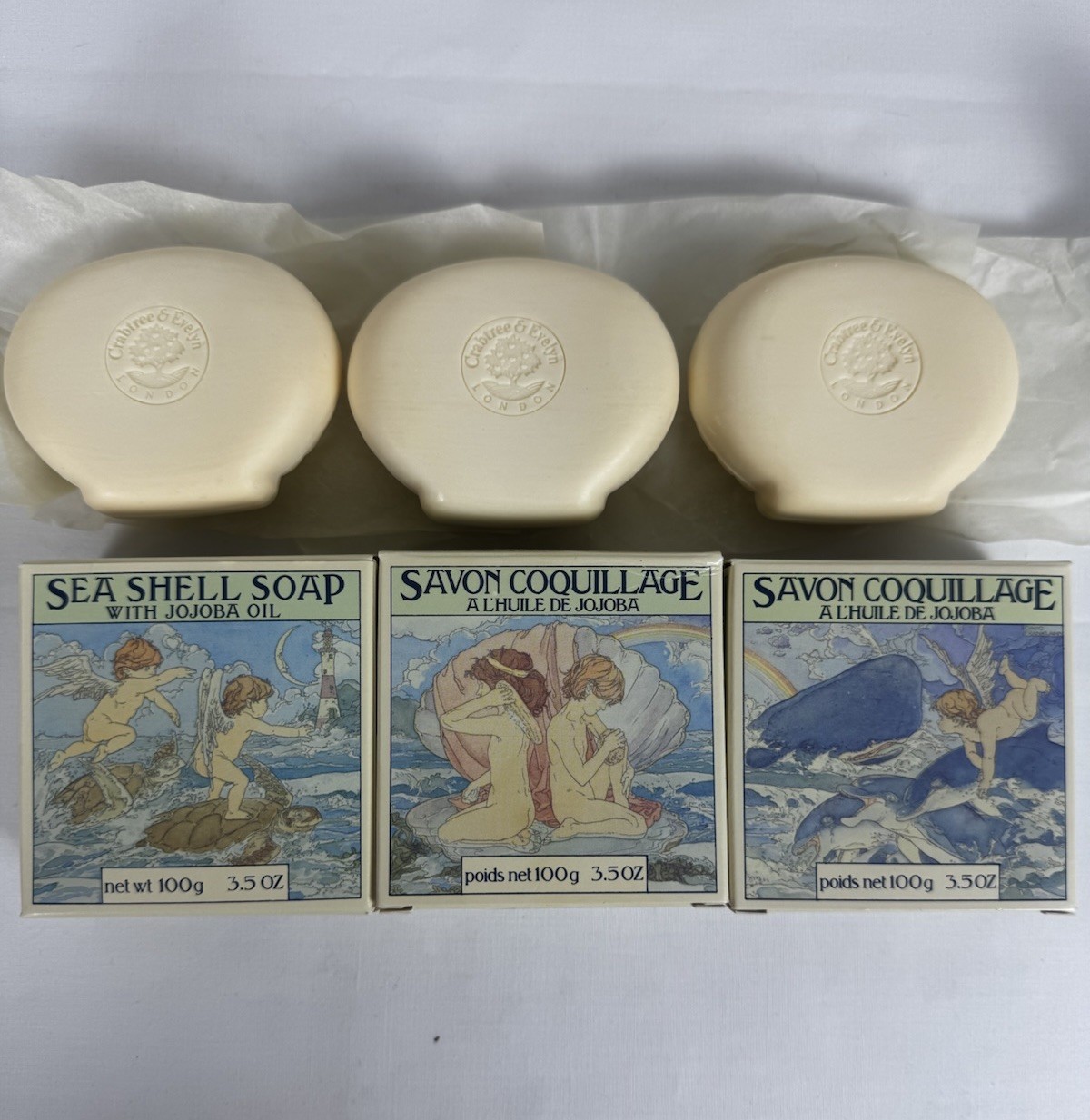 VTG 1988 Crabtree & Evelyn Jojoba Oil Sea Shell Soap Set Of 3 X 3.5oz Coastal -R