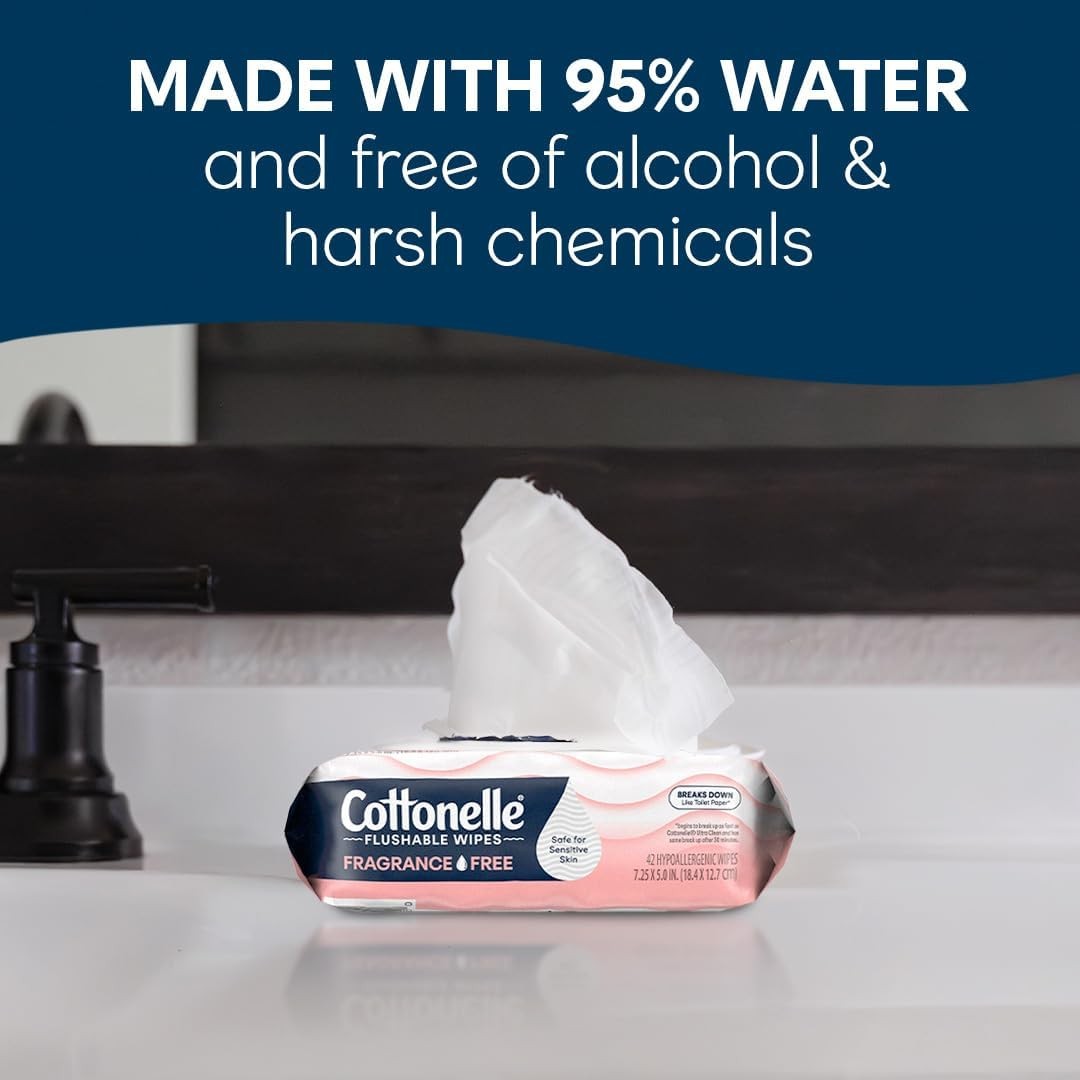 Cottonelle Fragrance Free Flushable Wet Wipes, Adult 42 Wipes (Pack of 2)