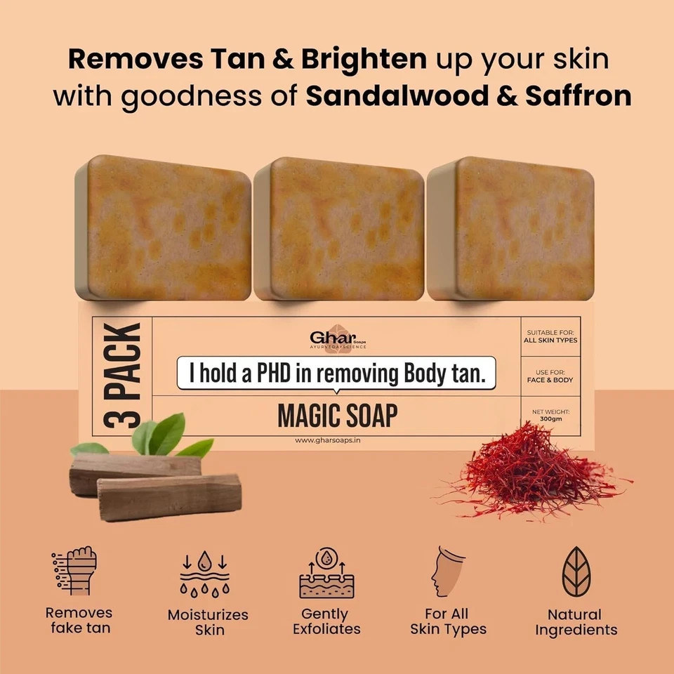 Ghar Soaps Sandalwood & Saffron Magic Soaps For Bath Skin Brightening | Pack 03