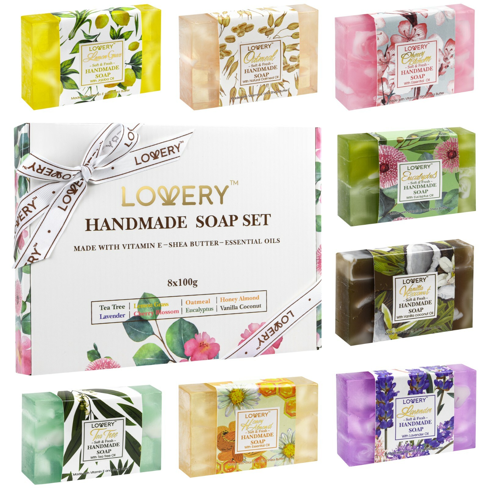 Handmade Soap Set – 8 Piece Variety Pack Luxury Bath Soap Gift Box – 100g Each