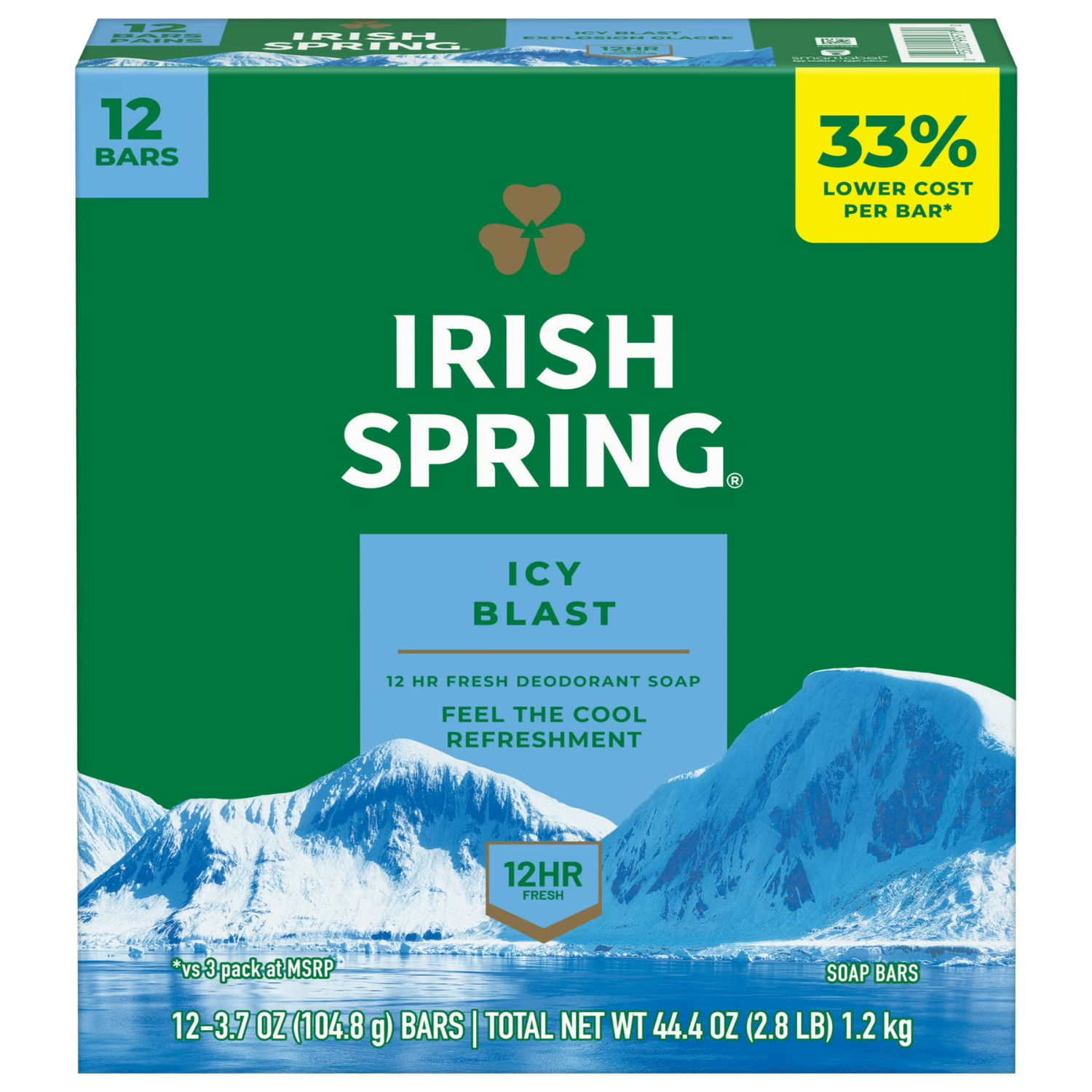 Irish Spring Icy Blast Bar Soap for Men, Mens Bar Soap, 12 Pack, 3.7 oz Soap Bar