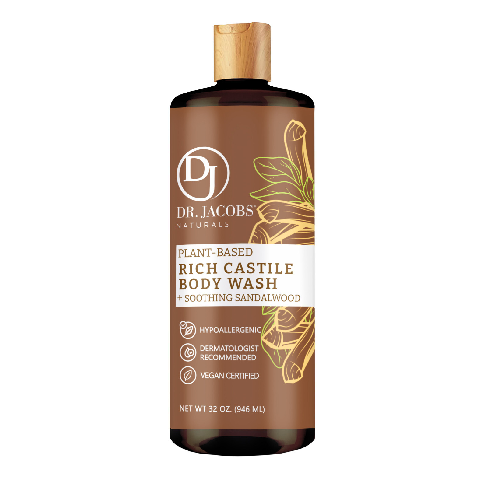 Dr Jacobs Naturals 32oz Sandalwood Castile Body Wash Soap Plant-Based