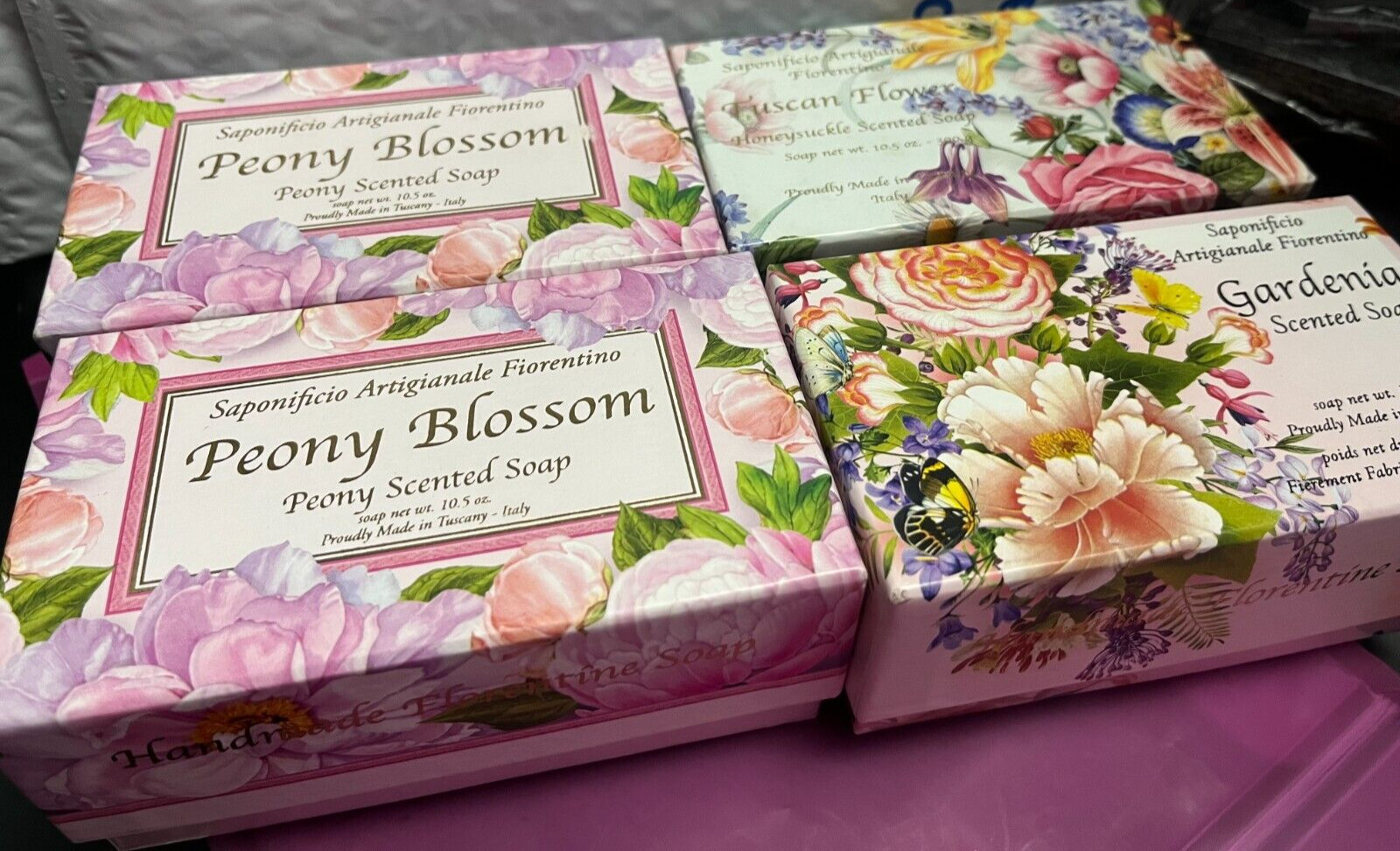 SAPONIFICIO ARTIGIANALE SCENTED SOAP(4SOAPS)PEONY,GARDENIA,HONEYSUCKLE 10.5OZ EA
