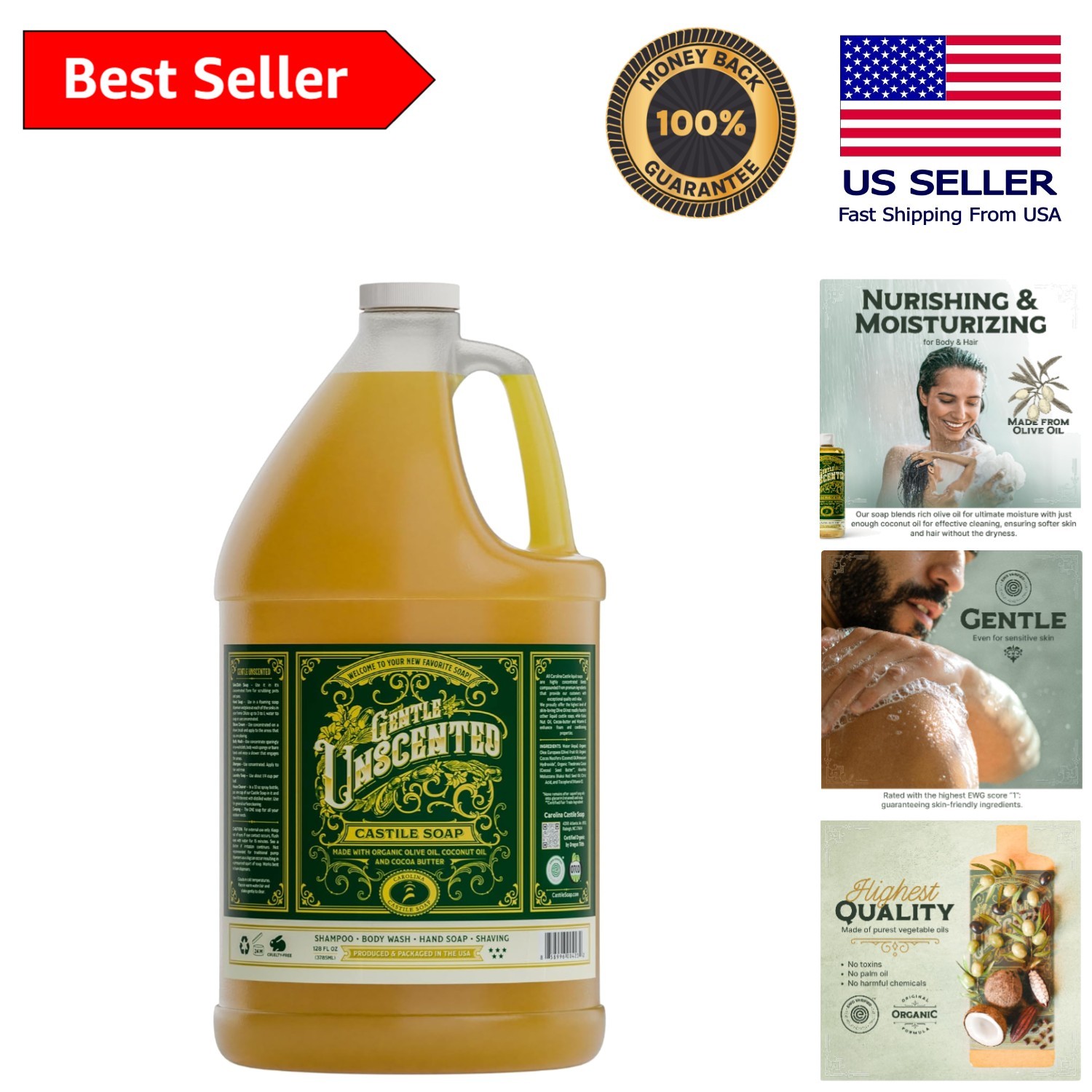High Olive Oil Content Castile Soap – EWG Verified Unscented Body Wash, 128 Oz