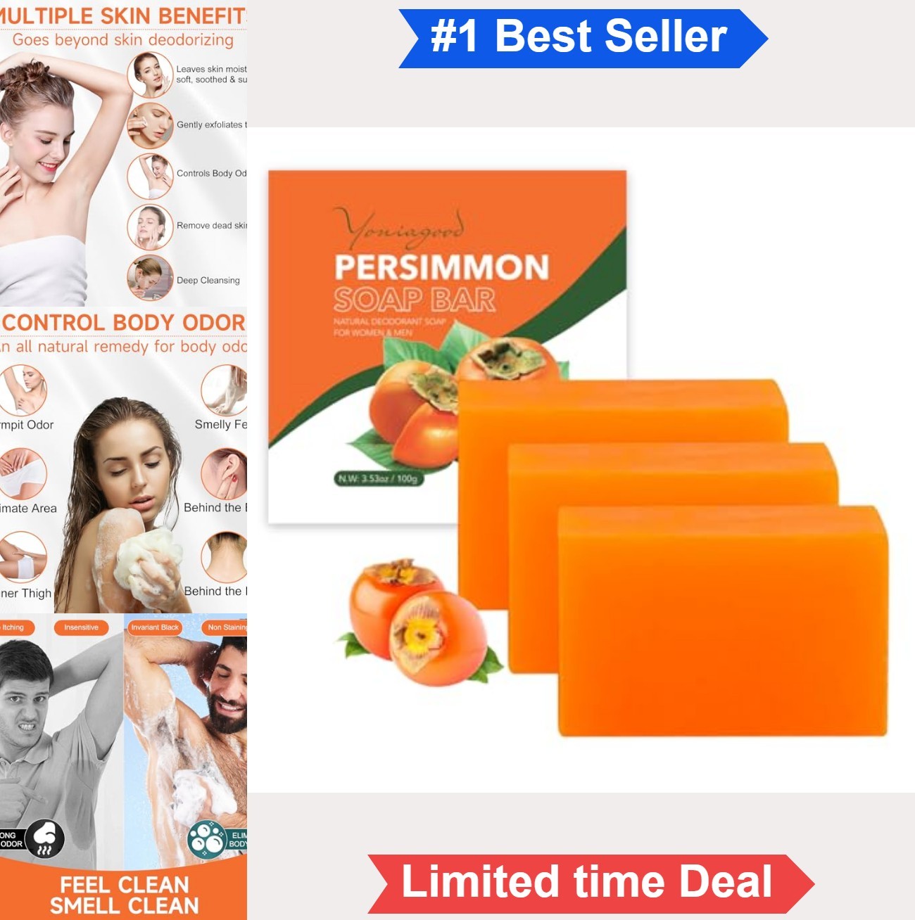 3 Pcs Persimmon Soap Bar for Body Odor Control Natural Refreshing Face Wash