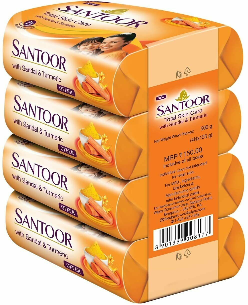 Santoor Sandalwood and Turmeric Bath Soap for Glowing Skin 125 g (Pack of 4)