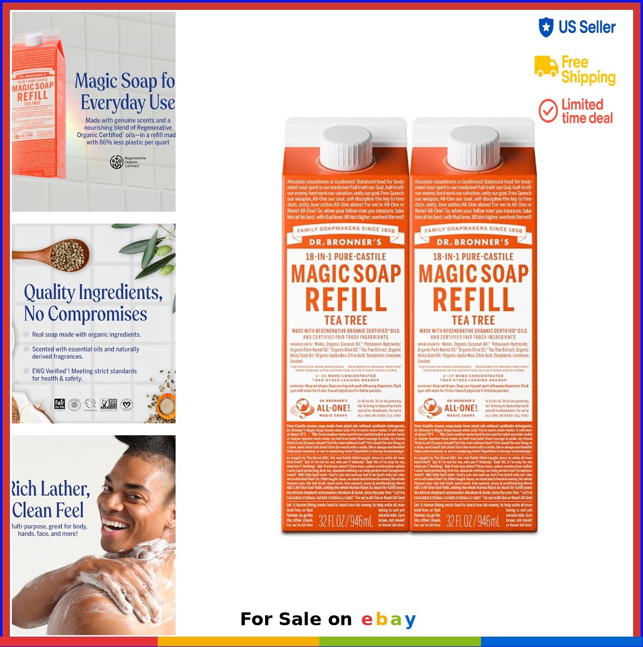 Pure Castile Liquid Soap Refill Tea Tree 32 Ounce 2 Pack Concentrated Organic