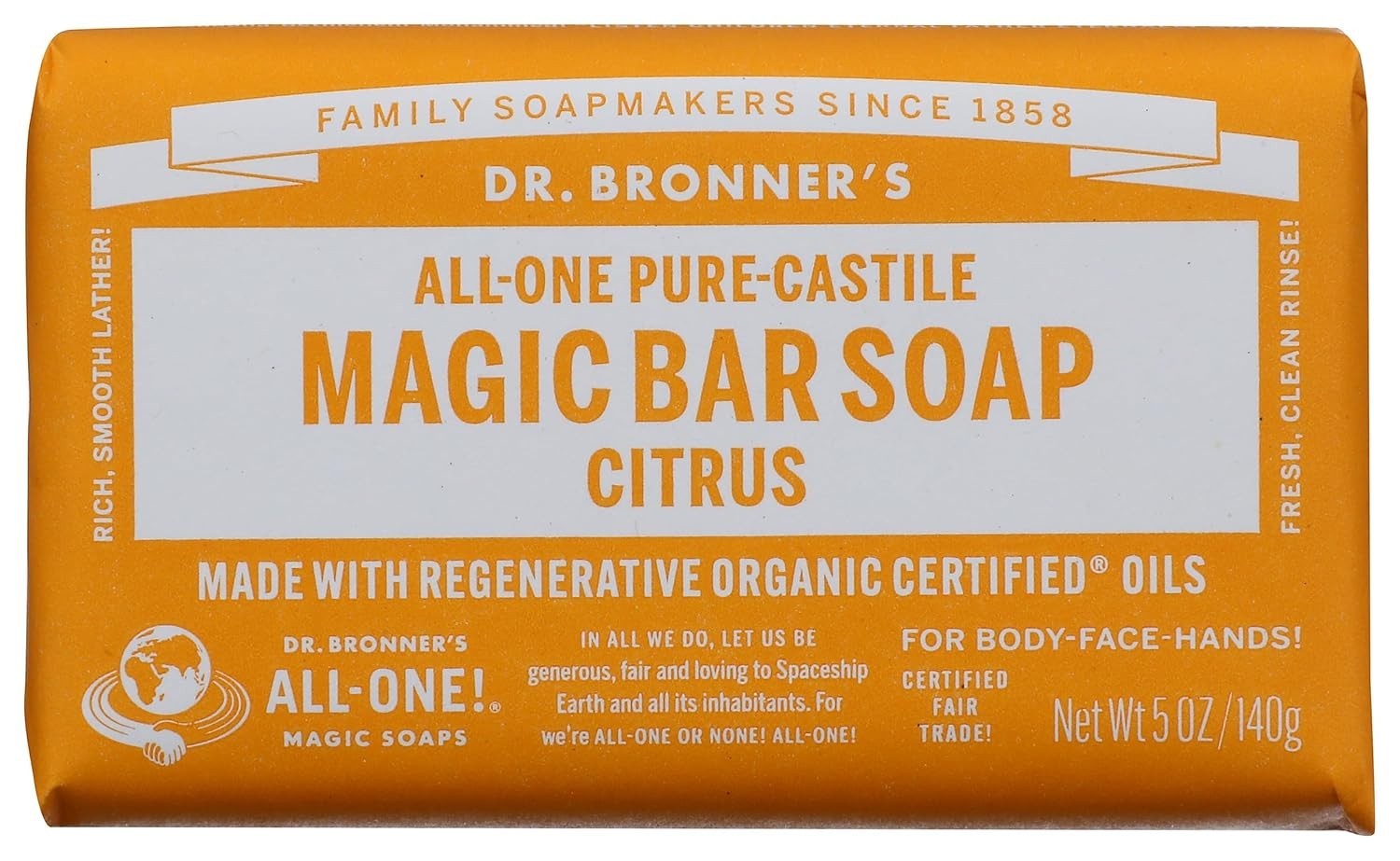 Dr Bronner’s All One Hemp Citrus Orange Pure Castile Bar Soap 5 Oz PACK C/ 3
