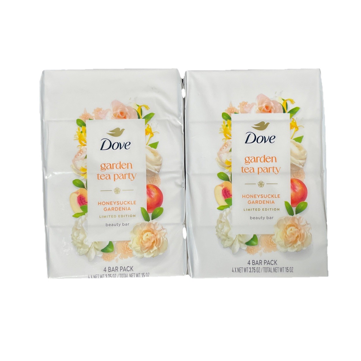 2x Dove Garden Tea Party Bar Soap Honeysuckle Gardenia 4 Bar Pack