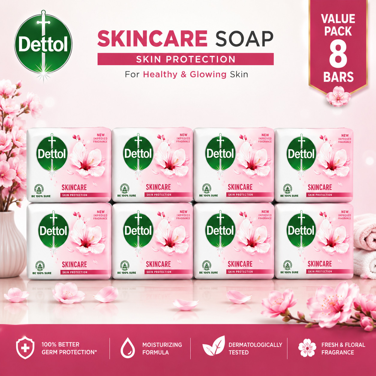 Pack of 8 Dettol Skincare Antibacterial Soap Bar 110g Moisturizing Bath Soap