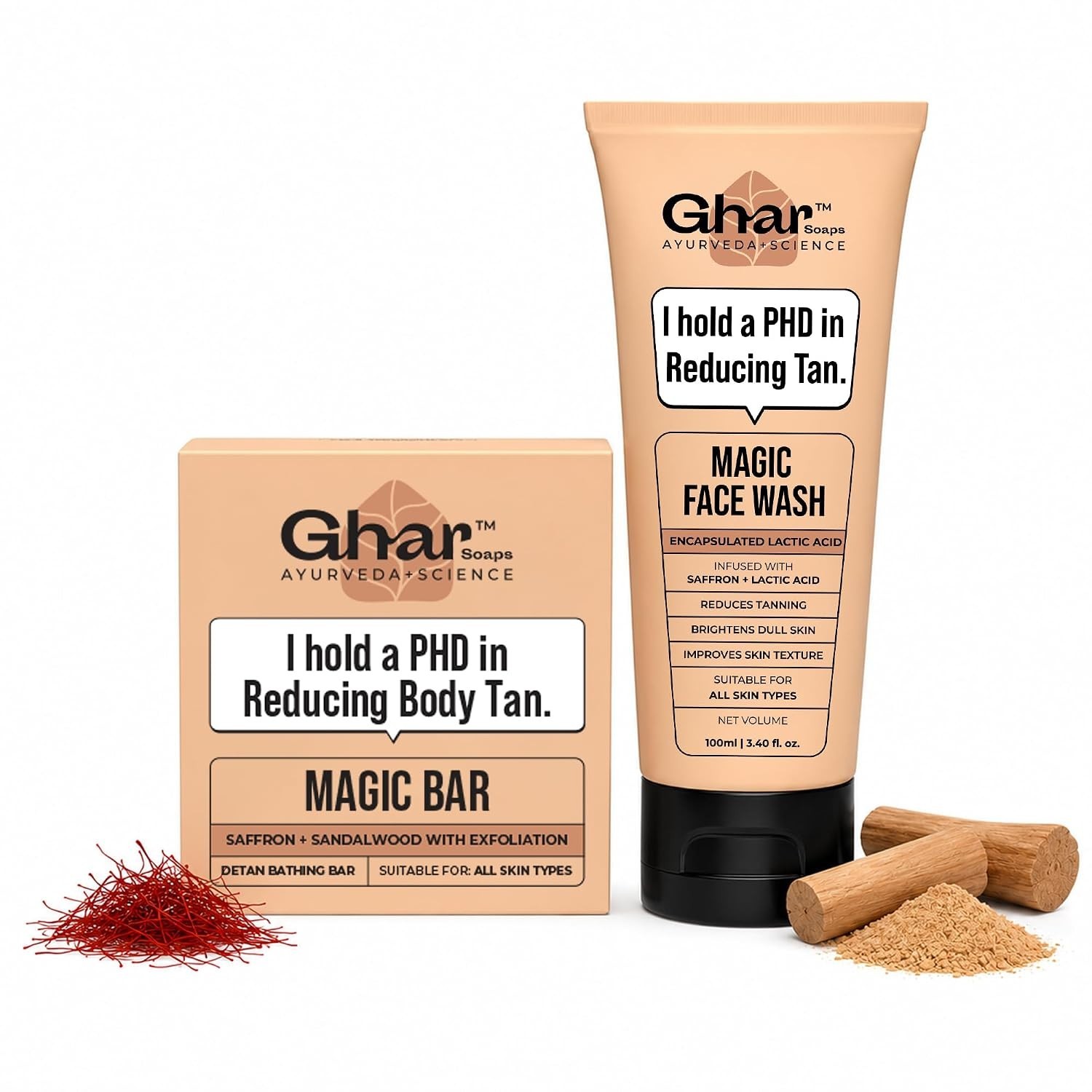 Ghar Soaps De-Tan Face Wash 120ml & Sandalwood Saffron Soap 100g Combo