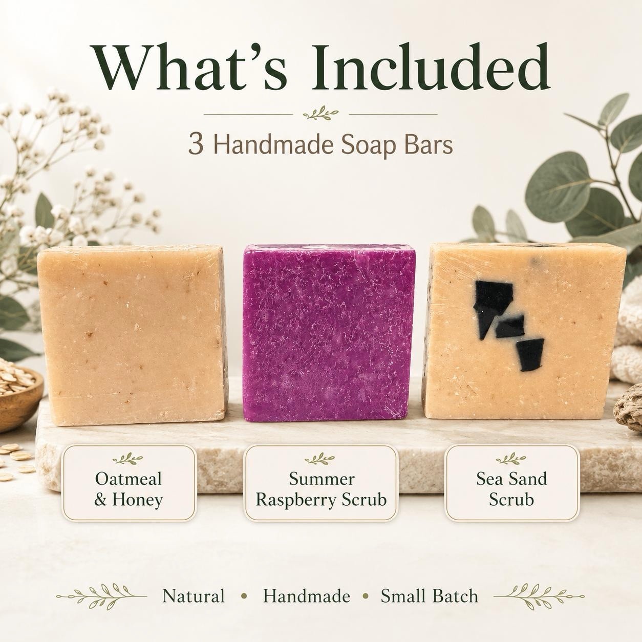 Handmade All Natural Soap Bar Set 3 Oatmeal Honey Raspberry Sea Sand Small Batch