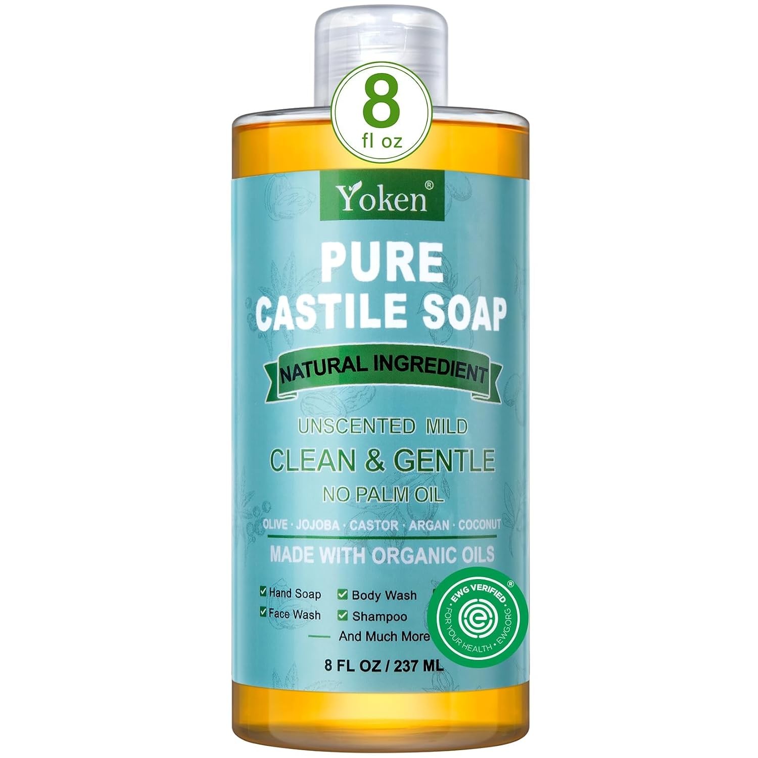 Unscented Pure Castile Liquid Soap 8 Oz EWG Verified Organic Oil Soap for