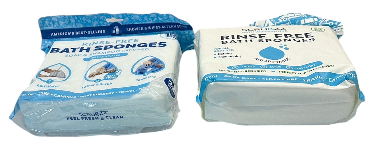 2 Packs – 25 Ct Scrubzz Rinse Free Bath Bathing Shampoo Sponge Wipes Single Use