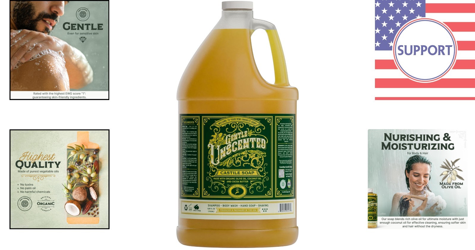 High Olive Oil Content Castile Soap – EWG Verified Unscented Body Wash, 128 Oz
