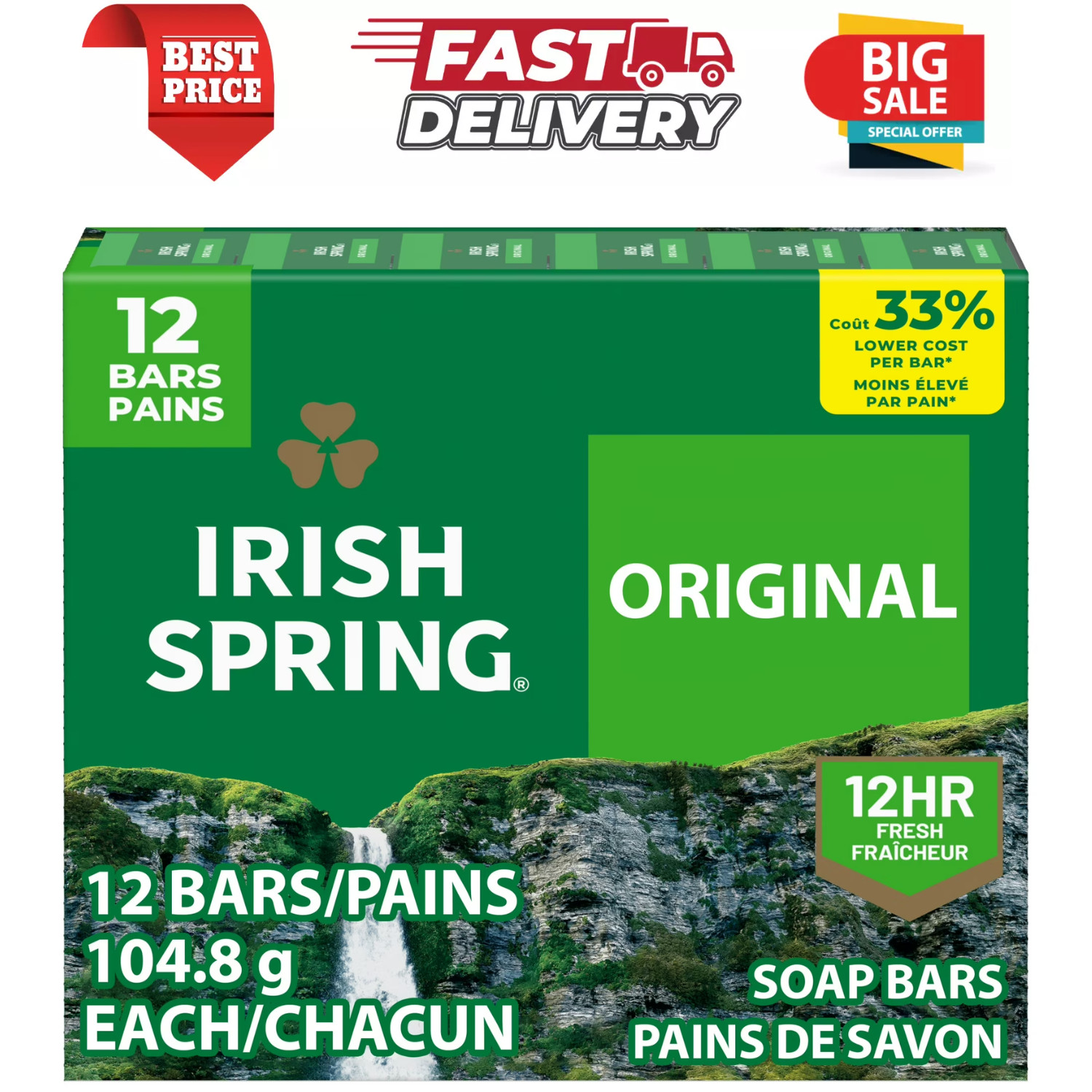 Irish Spring Bar Soap for Men, Original Clean Mens Bar Soap, 12 Pack, 3.7 Oz