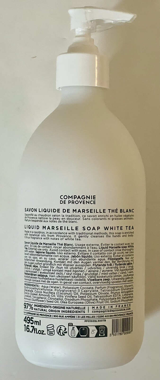 SAVON LIQUIDE DE MARSEILLE THE BLANC SOAP WHITE TEA GLASS PUMP BOTTLE 16.7 OZ