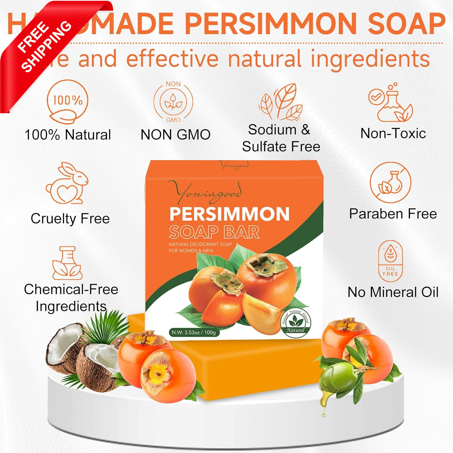 3 PCS Persimmon Soap Bar for Body Odor Control, Natural Refreshing Body Bar Soap