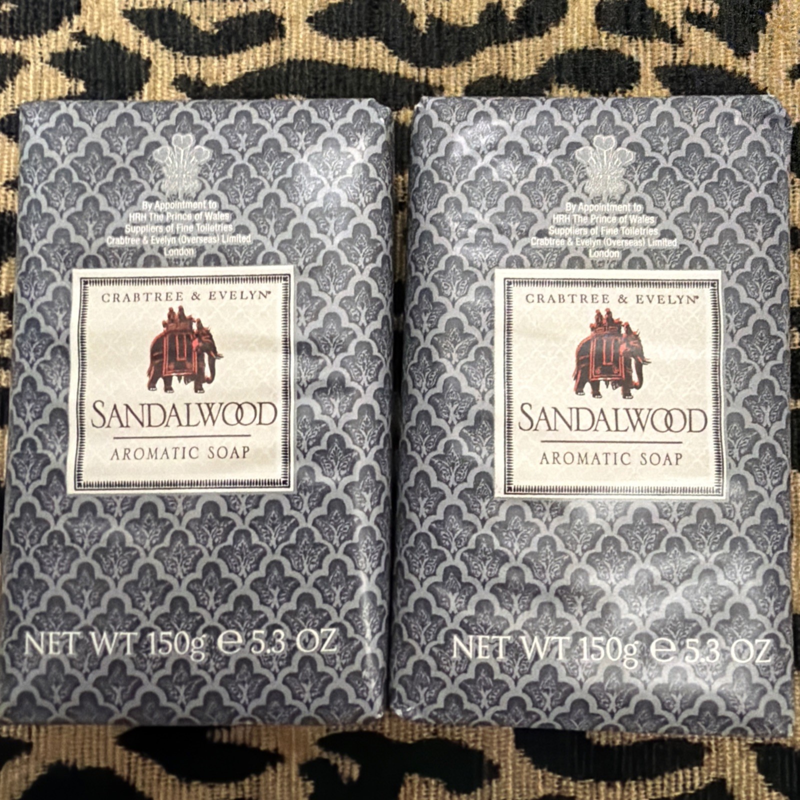 2 Crabtree & Evelyn SANDALWOOD AROMATIC BAR SOAPS 5.3 OZ/150g Each