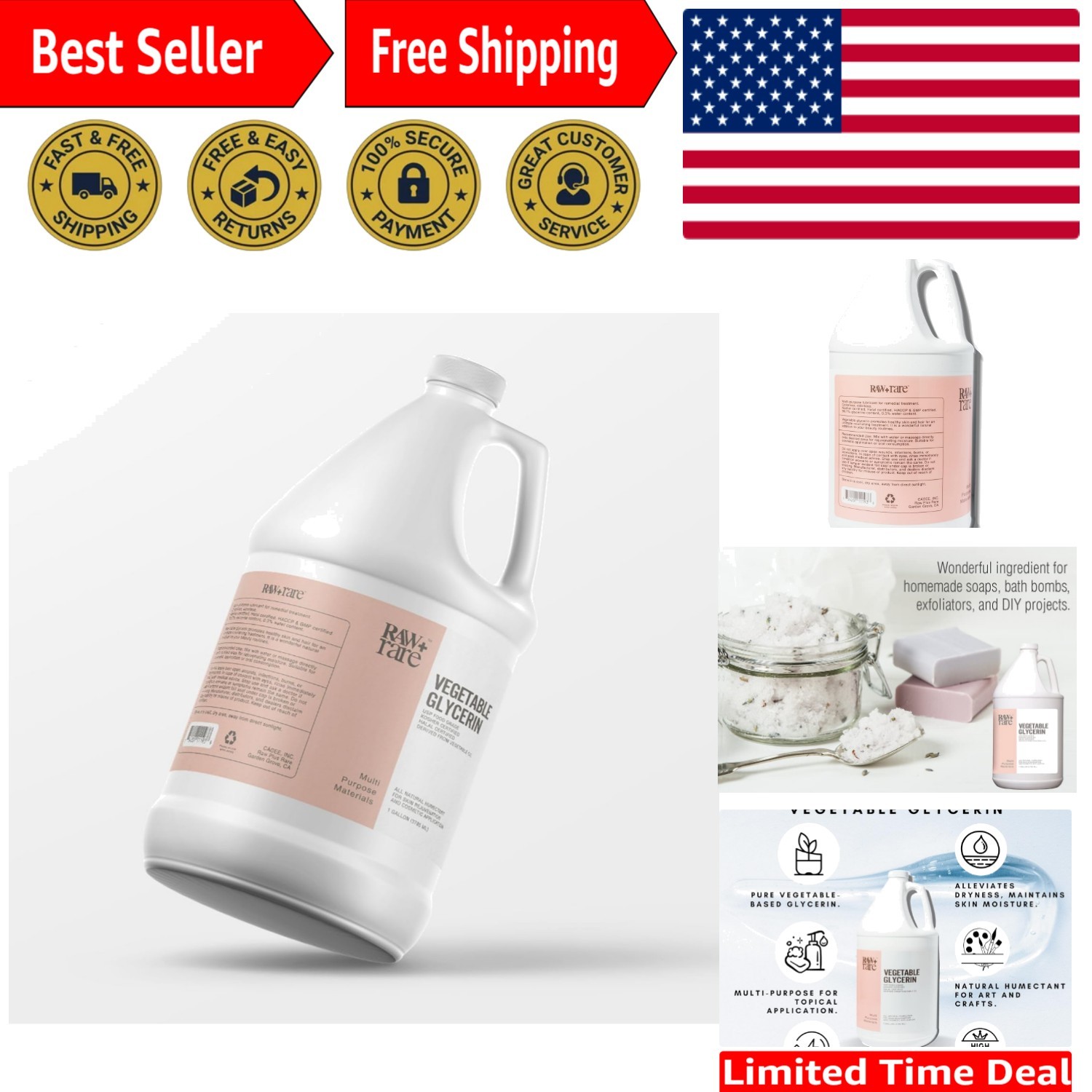 Natural Vegetable Glycerin, Bulk Gallon 128 fl oz, for Skin, Hair & Crafts