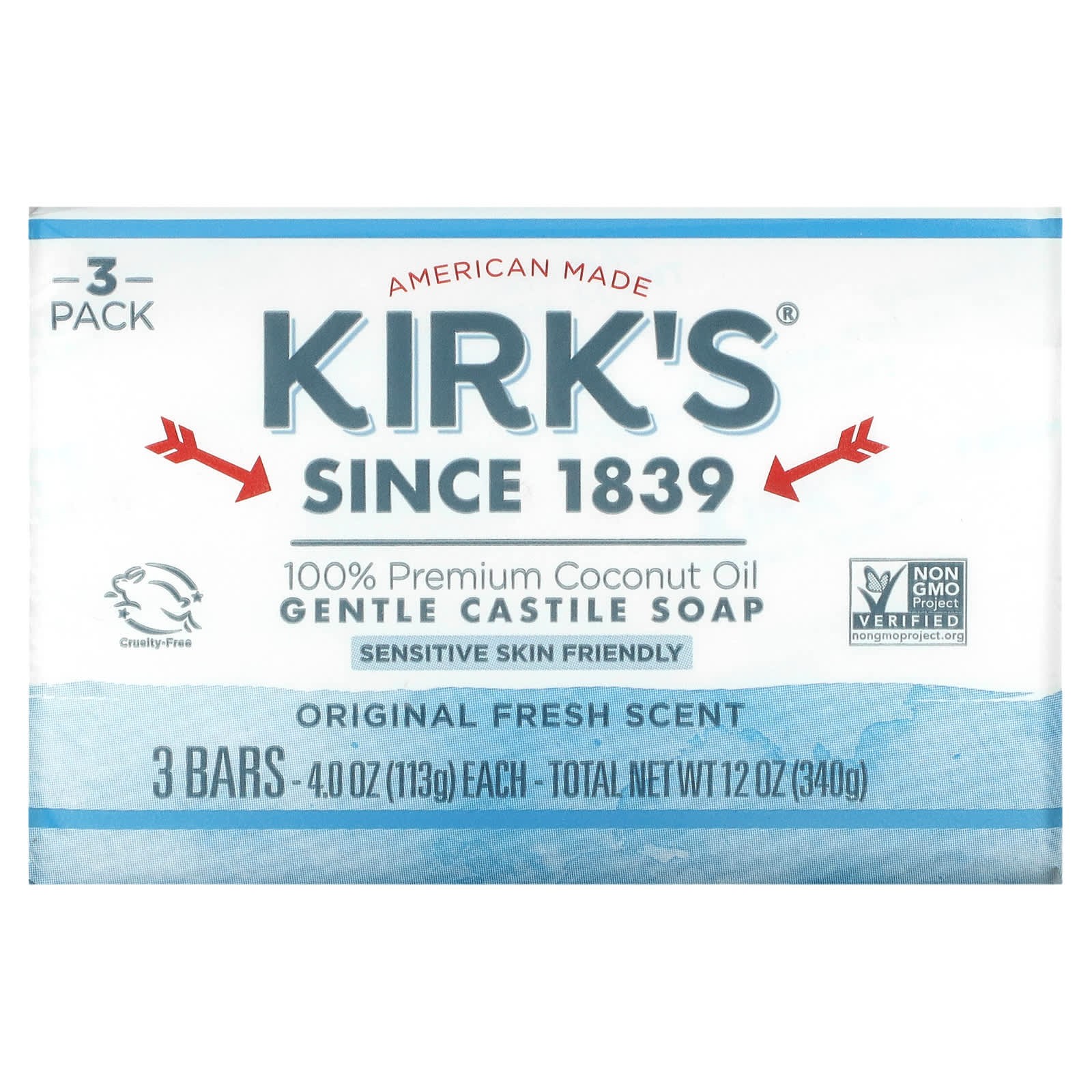 Kirk’s Natural Castile Soap, Original, Clean Smelling, USA Made, 4 Oz, Pack of 3