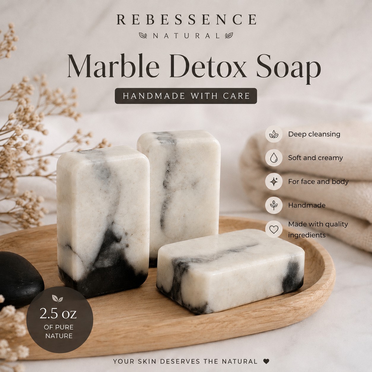 REBESSENCE All Natural Handmade Marble Detox Soap Bar 2.5 oz White/Black