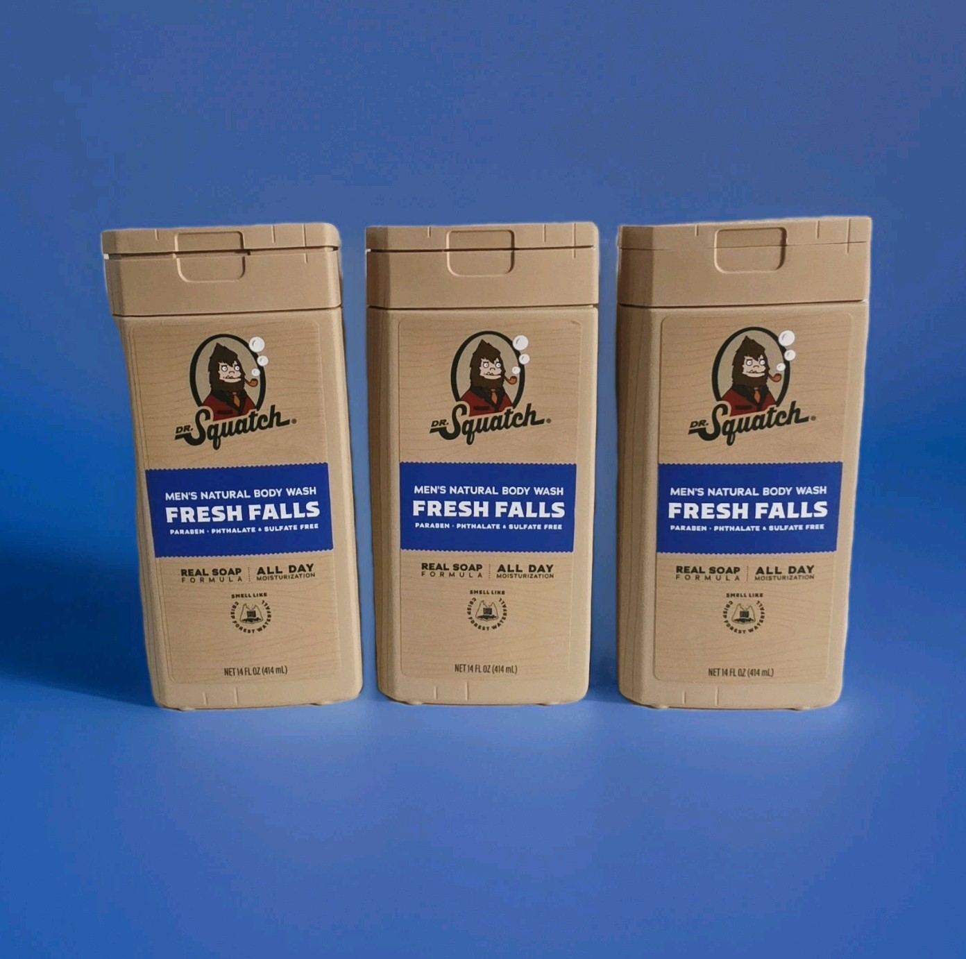 Lot Of 3 Dr Squatch Men’s Fresh Falls Natural, Real Soap Formula Body Wash 14oz