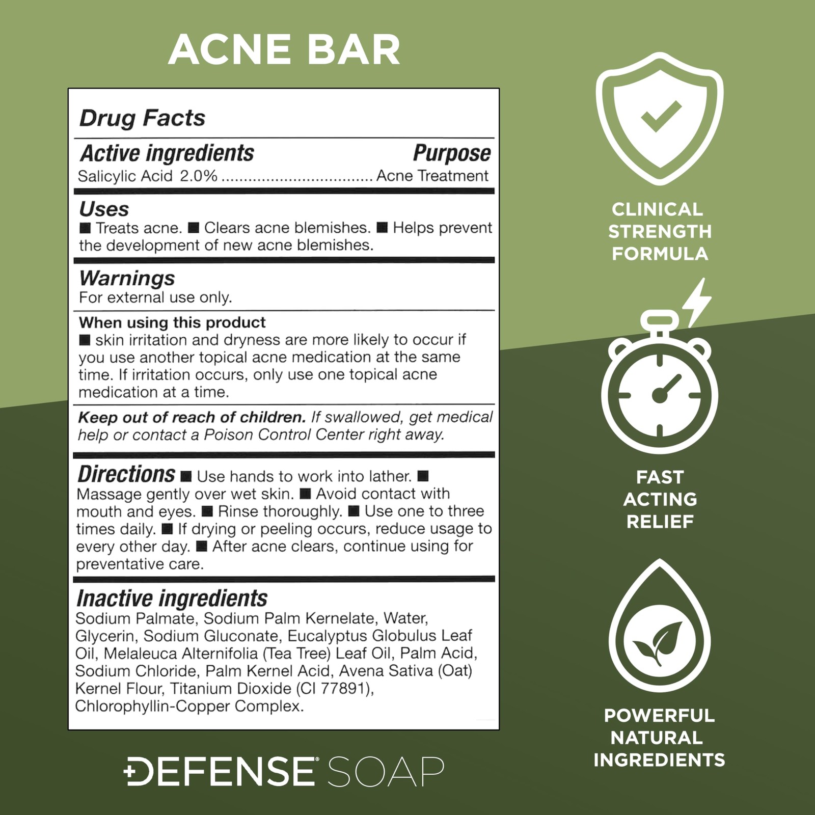 Defense Acne Care Bar Soap 4.2oz | contains 2% Salicylic Acid, Tea Tree & Euc…