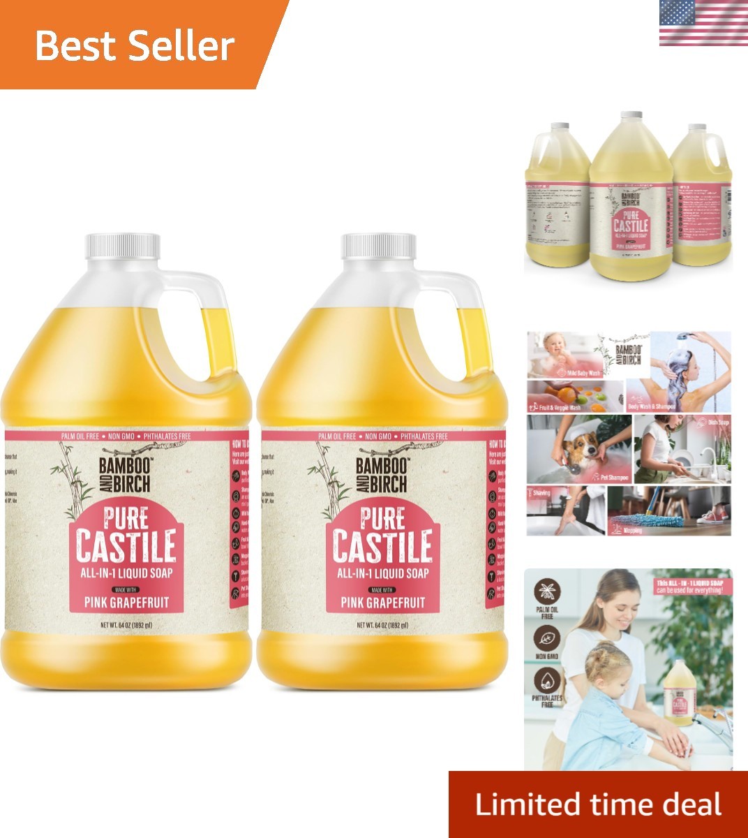 Pure Castile Soap Liquid, Certified Palm Oil Free Natural Soap, Citrus Grapef…