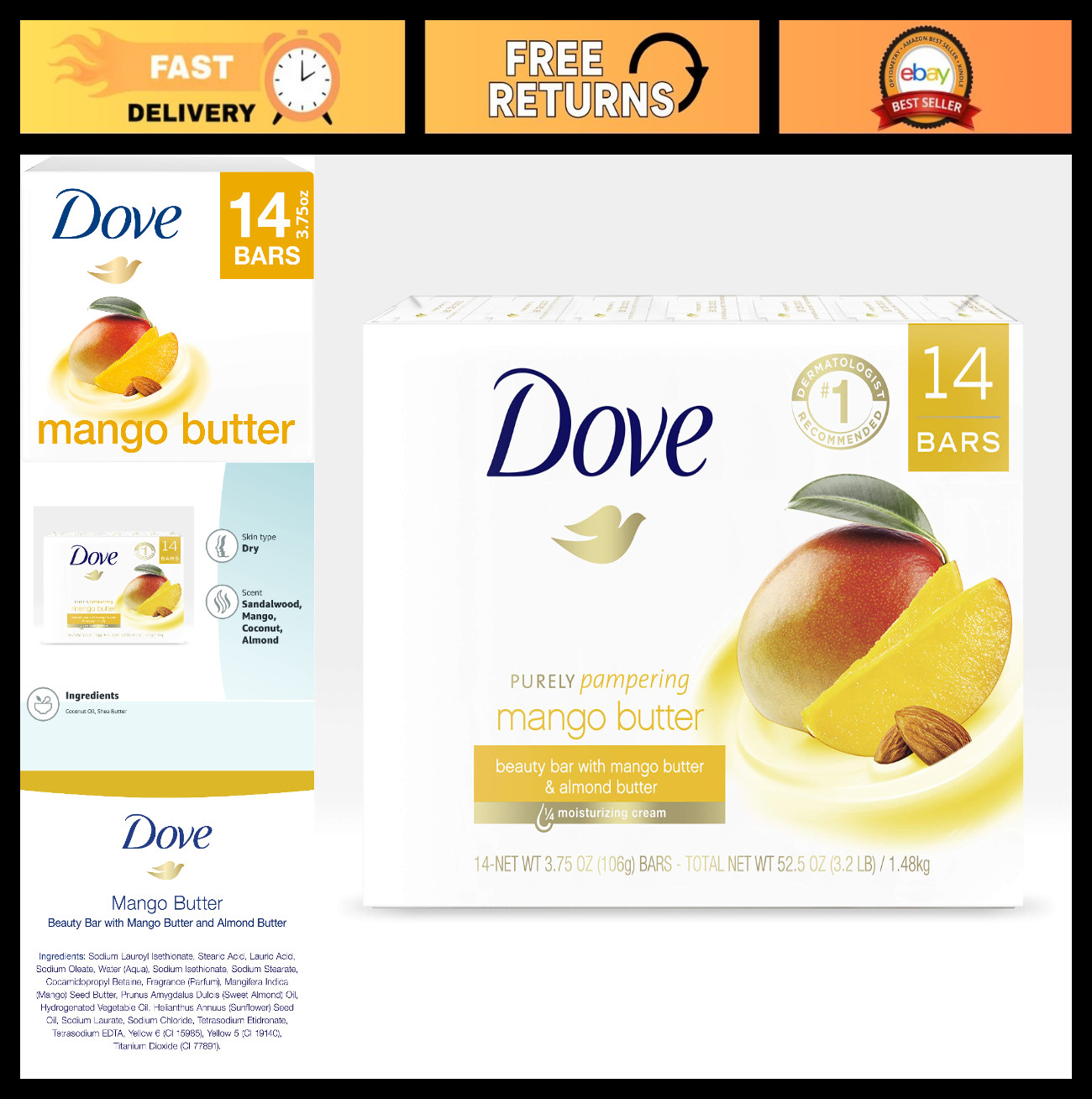 Moisturizing Mango Butter Beauty Bar – 14 Bars for Dry Skin – 3.75 oz Each