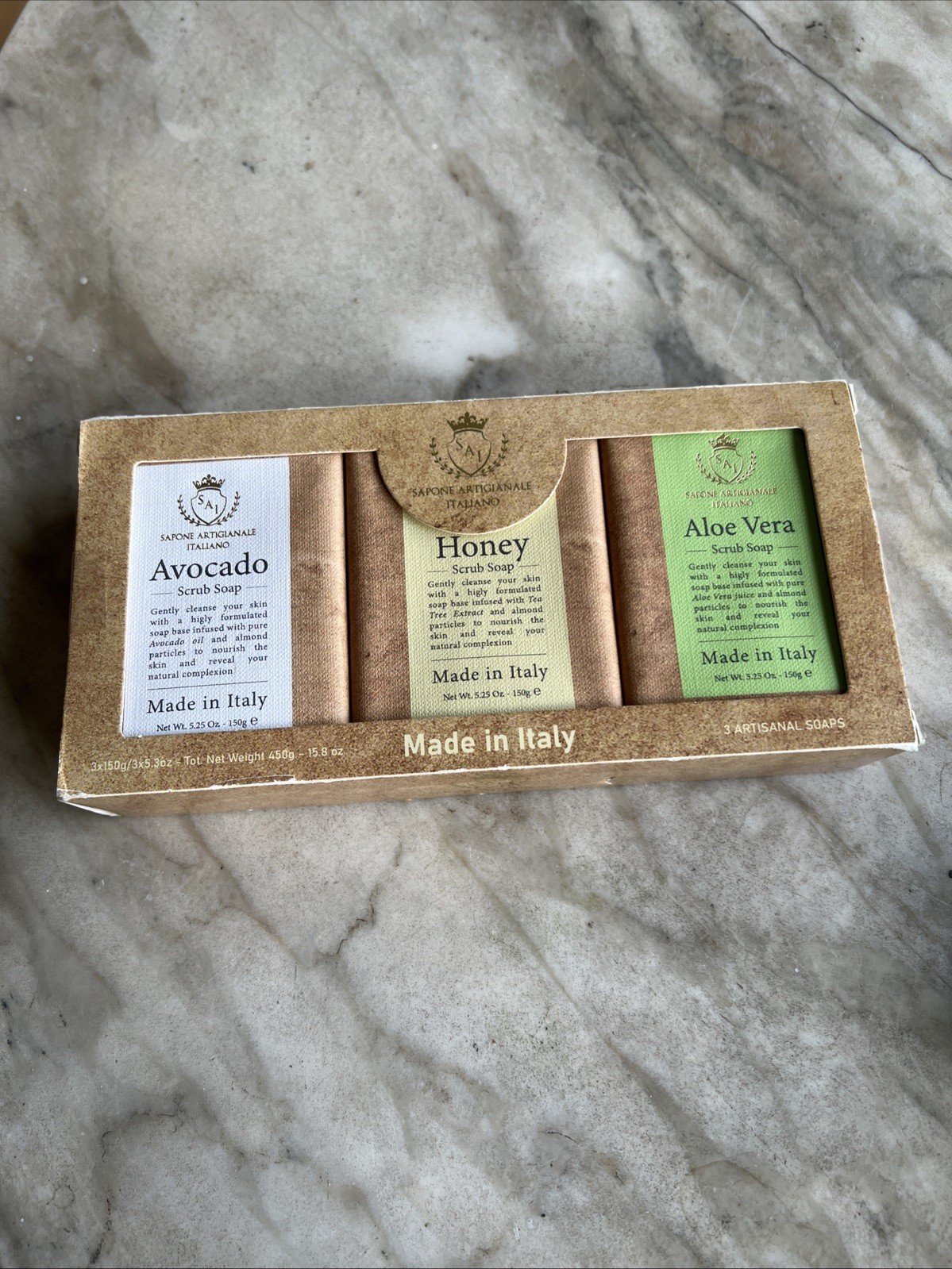 3 PACK Sapone Artigianale Italiano Avocado/ Honey/ Aloe Vera Scrub Soap 15.8 Oz